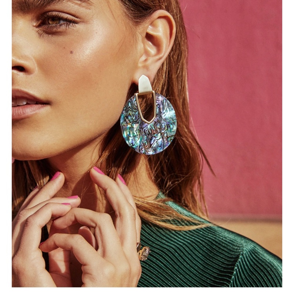 NIB Diane Gold Statement Earrings in Abalone Shell